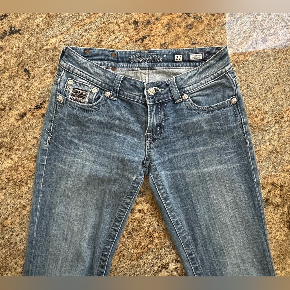 Miss Me denim jeans, size 27. Low rise boot cut, rhinestones, and sequins